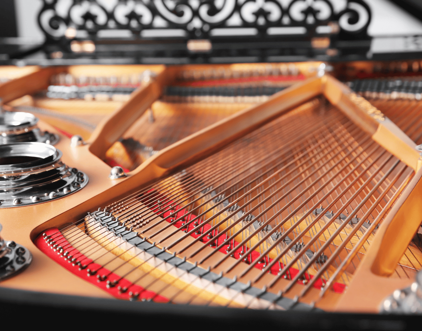 Close up of the strings in a piano