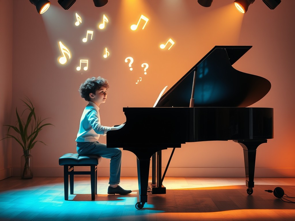 A young child with curly hair sits at a grand piano in a warmly lit room, with glowing musical notes and question marks floating above the piano, symbolizing curiosity and creativity. Soft blue and orange lighting create a magical, inviting atmosphere, while a potted plant adds a cozy touch to the background. The child appears focused and thoughtful, as if exploring music or solving a musical puzzle.