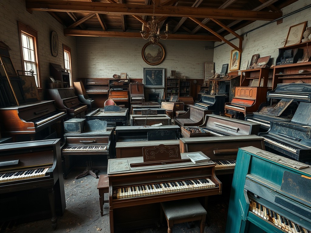 Second hand shop full of decrepit pianos (Source: AI)